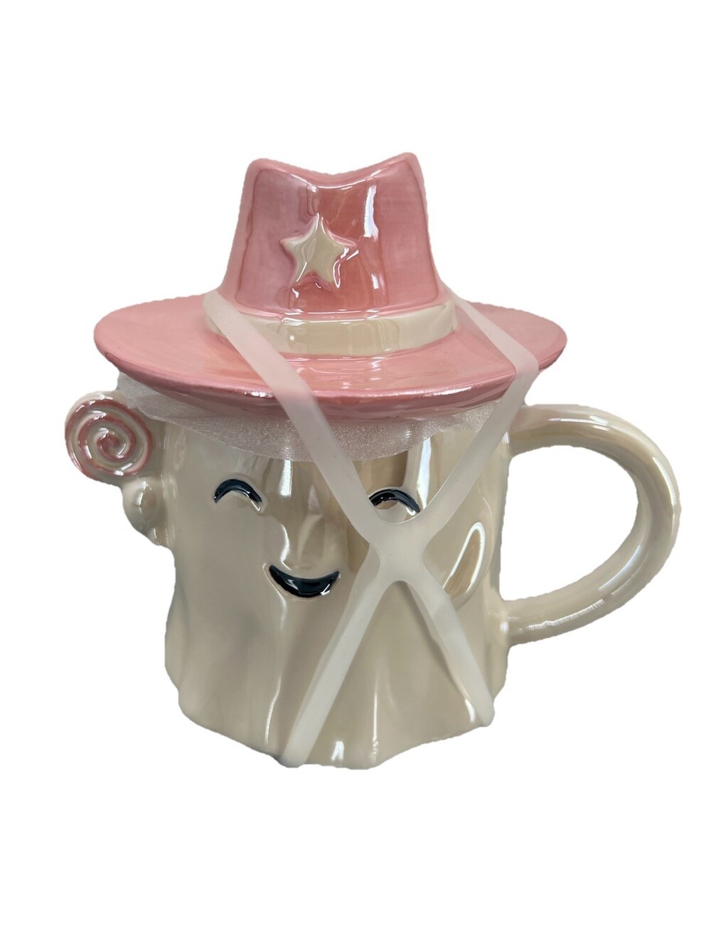 Happy Ghost Mug with Pink Cowboy Hat Lid